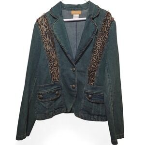 Seandara Denim Blazer Jacket M‎ Leopard Print Trim Studded Western Rodeo Cowgirl